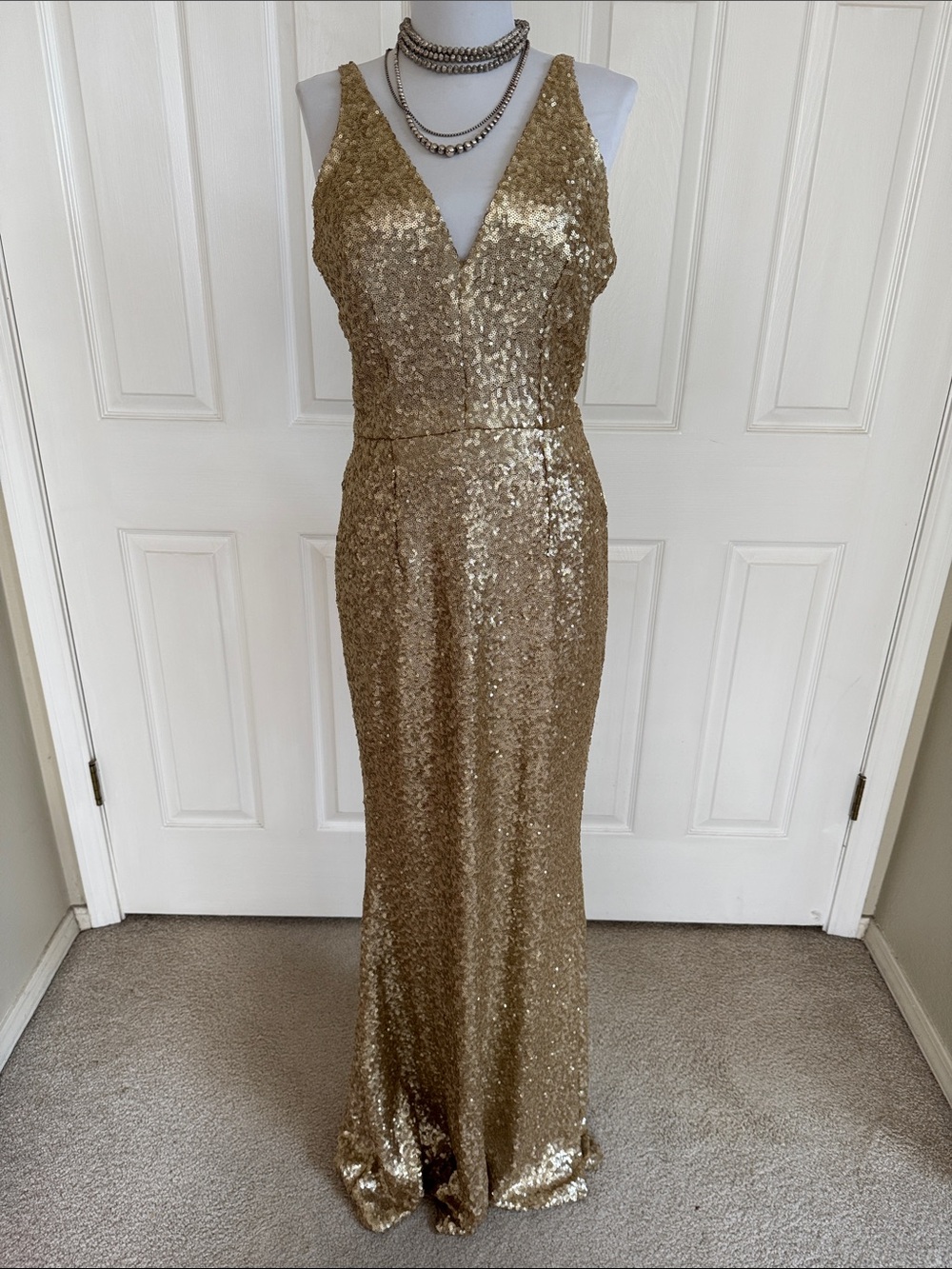 Dress the Population Gold Sequin V-Neck Maxi Gown